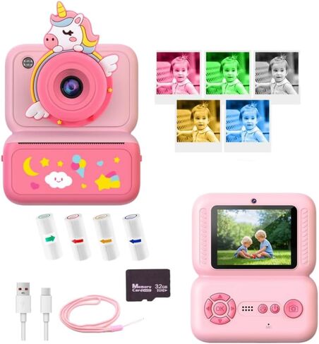 Kids Instant Print Camera, 2.4" HD Screen Instant Camera, Dual 3MP Kids Camera, 1080P Video, MP3 & Games, Includes Printing Paper & Lanyard, Gift for Boys & Girls (Blue-Black and White Printing) in Kuwait