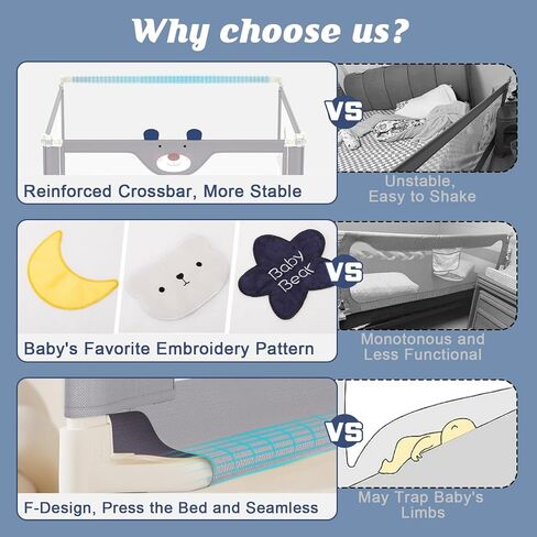 JWPEHOE 3-Piece Bed Rail for Toddlers with Headboard Rod, Adjustable Baby Bed Rail Guard, Twin/Full/Queen/King Size Bed (3, 78.7 * 78.7 * 59 Inch- Queen Size) in Kuwait