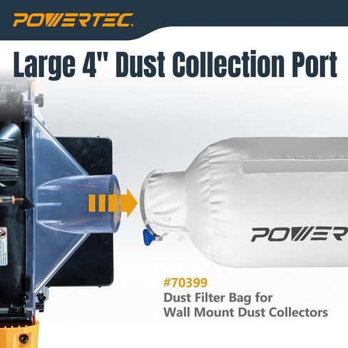 POWERTEC 70474 4 Inch ID/OD 90 Degree Elbow and Dust Collector Bag, 30 Micron Filter w/ 4" Key Hose Clamp & Elbow, Fits DEWALT DW735, DW734, WEN PL1326, PL1303 & any other Woodworking Machine in Kuwait