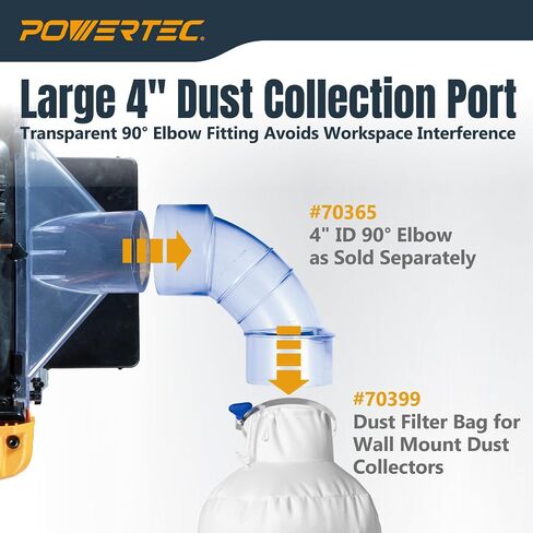 POWERTEC 70474 4 Inch ID/OD 90 Degree Elbow and Dust Collector Bag, 30 Micron Filter w/ 4" Key Hose Clamp & Elbow, Fits DEWALT DW735, DW734, WEN PL1326, PL1303 & any other Woodworking Machine in Kuwait