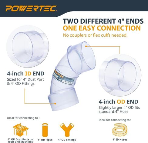 POWERTEC 70474 4 Inch ID/OD 90 Degree Elbow and Dust Collector Bag, 30 Micron Filter w/ 4" Key Hose Clamp & Elbow, Fits DEWALT DW735, DW734, WEN PL1326, PL1303 & any other Woodworking Machine in Kuwait