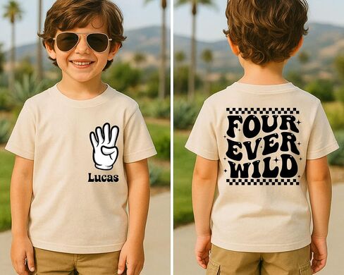 Four Ever Wild Shirt, Fourth Birthday Shirt, 4th Birthday Toddler Tee, Kids Bday Shirt, Boys Girls Party Outfit, Name Tee, Fourever Wild Tee Cream in Kuwait