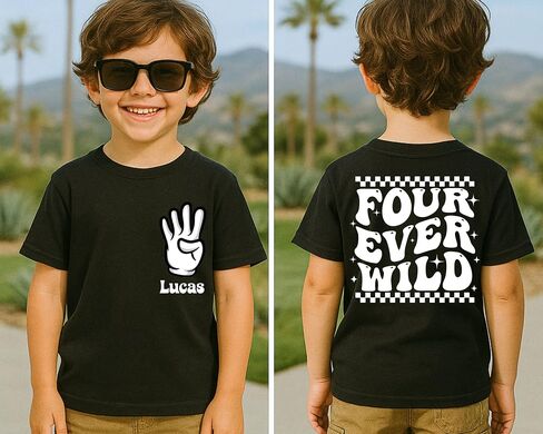 Four Ever Wild Shirt, Fourth Birthday Shirt, 4th Birthday Toddler Tee, Kids Bday Shirt, Boys Girls Party Outfit, Name Tee, Fourever Wild Tee Cream in Kuwait