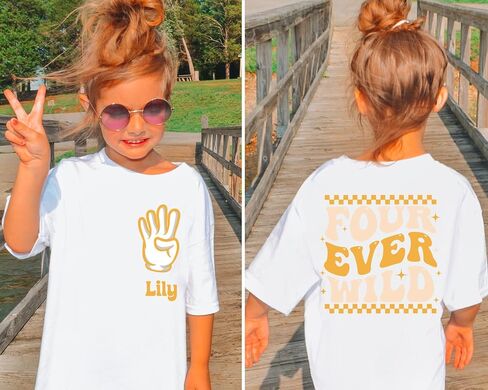 Four Ever Wild Shirt, Fourth Birthday Shirt, 4th Birthday Toddler Tee, Kids Bday Shirt, Boys Girls Party Outfit, Name Tee, Fourever Wild Tee Cream in Kuwait