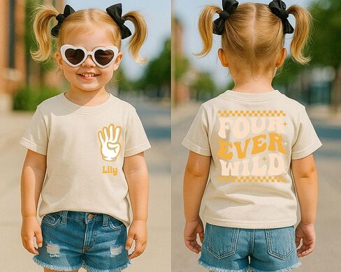 Four Ever Wild Shirt, Fourth Birthday Shirt, 4th Birthday Toddler Tee, Kids Bday Shirt, Boys Girls Party Outfit, Name Tee, Fourever Wild Tee Cream in Kuwait