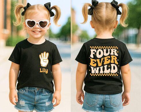 Four Ever Wild Shirt, Fourth Birthday Shirt, 4th Birthday Toddler Tee, Kids Bday Shirt, Boys Girls Party Outfit, Name Tee, Fourever Wild Tee Cream in Kuwait