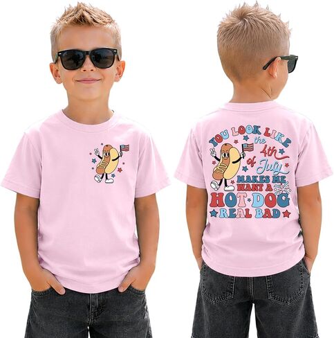 Baby Boys Girls 4th of July Shirts Toddler American Flag Graphic T-Shirts Kids Hot Dog Crewneck Tee Tops in Kuwait
