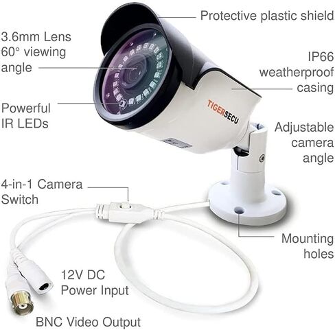TIGERSECU 2MP Metal Long Range Security Camera for TVI/CVI/AHD/CVBS DVRs | Hybrid 4-in-1 with OSD Switch, Weatherproof for Indoor and Outdoor Use, Power Supply and Coaxial Cable Sold Separately in Kuwait