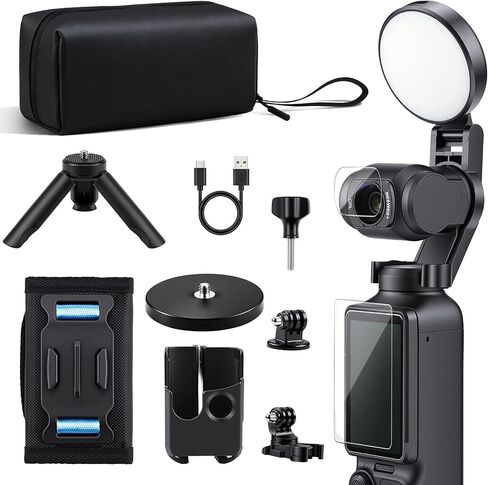 11-in-1 Accessories Kit Compatible with DJI Osmo Pocket 3/Xtra Muse Camera | with Portable Carrying Case, Magnetic Mount Stand, Fill Light, Mini Tripod, Backpack Strap Mount and Screen Protector in Kuwait
