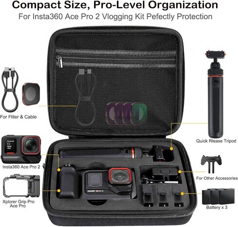 PellKing Selfie Stick & Carrying Case 2 in 1 Kit for Insta360 Ace Pro 2, 16.14in Selfie Stick Tripod with Magnetic Quick Release Mount, Portable Hard Case, Vlog & Travel for Insta360 Ace Pro 2 in Kuwait