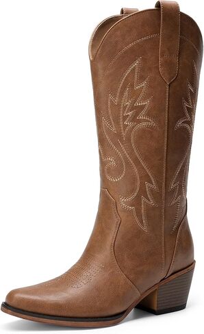 DREAM PAIRS Women's Cowboy Cowgirl Western Boots | Embroidered Square Toe Mid Calf Boots, Low Heel Western Boots for Women, Theme Party Country Concert, Fashion Shoes in Kuwait