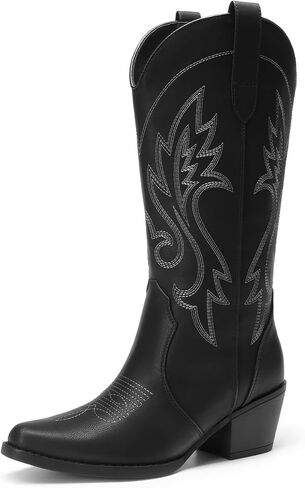 DREAM PAIRS Women's Cowboy Cowgirl Western Boots | Embroidered Square Toe Mid Calf Boots, Low Heel Western Boots for Women, Theme Party Country Concert, Fashion Shoes in Kuwait