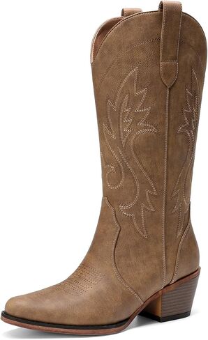 DREAM PAIRS Women's Cowboy Cowgirl Western Boots | Embroidered Square Toe Mid Calf Boots, Low Heel Western Boots for Women, Theme Party Country Concert, Fashion Shoes in Kuwait