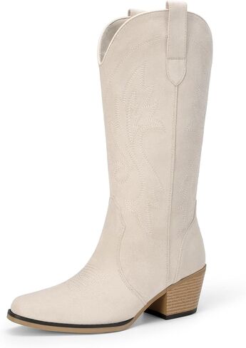 DREAM PAIRS Women's Cowboy Cowgirl Western Boots | Embroidered Square Toe Mid Calf Boots, Low Heel Western Boots for Women, Theme Party Country Concert, Fashion Shoes in Kuwait