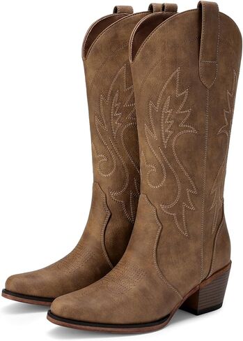 DREAM PAIRS Women's Cowboy Cowgirl Western Boots | Embroidered Square Toe Mid Calf Boots, Low Heel Western Boots for Women, Theme Party Country Concert, Fashion Shoes in Kuwait