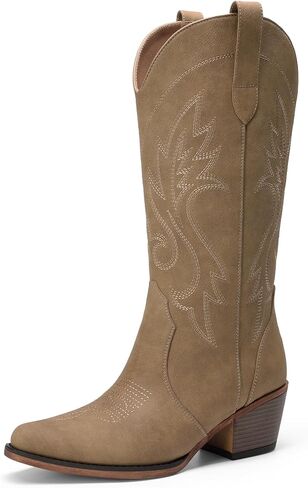 DREAM PAIRS Women's Cowboy Cowgirl Western Boots | Embroidered Square Toe Mid Calf Boots, Low Heel Western Boots for Women, Theme Party Country Concert, Fashion Shoes in Kuwait