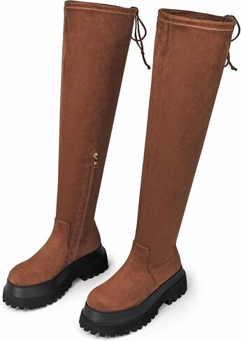 Women Knee High Boots for Women Chunky Platform Heel Suede Tall Boots Side Zipper Comfortable Fall Winter Casual Riding Boots Fashion Shoes Ladies in Kuwait