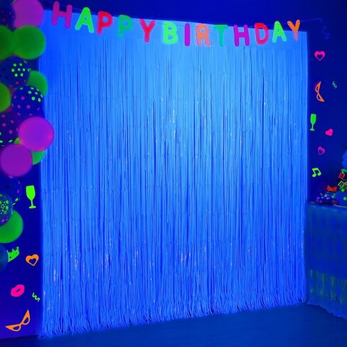 Mega-L Glow in The Dark Party Supplies, 2 Pack Neon Party Decorations 3.3 x 6.6 ft Fluorescent Macaron Fuchsia Tinsel Foil Fringe Curtains, Photo Booth Prop Backdrop Streamer, Birthday Party Decor in Kuwait