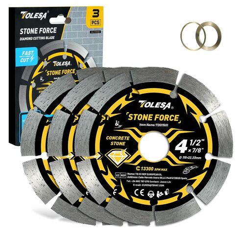 TOLESA 4-1/2 Inch Segmented Diamond Blade for Angle Grinder, Diamond Cutting Wheel with 7/8" Arbor, 20mm & 16mm Adapter Ring, 4.5" Stone Blade Fast Cut Masonry, Concrete, Brick (3-Pack) in Kuwait