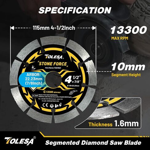 TOLESA 4-1/2 Inch Segmented Diamond Blade for Angle Grinder, Diamond Cutting Wheel with 7/8" Arbor, 20mm & 16mm Adapter Ring, 4.5" Stone Blade Fast Cut Masonry, Concrete, Brick (3-Pack) in Kuwait
