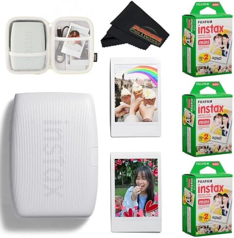 Fujifilm INSTAX Mini Link 3 Smartphone Printer with INSTAX Mini Instant Film and Sunshine Microfiber Cleaning Cloth... (3 Twin Pack (60 Sheets), Clay White) in Kuwait