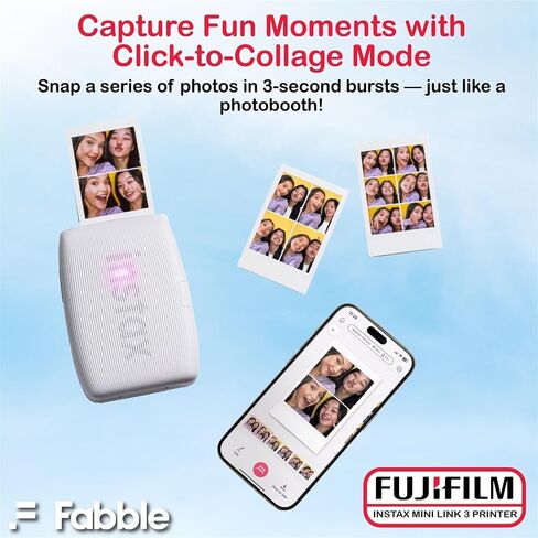 Fujifilm INSTAX Mini Link 3 Smartphone Printer with INSTAX Mini Instant Film and Sunshine Microfiber Cleaning Cloth... (3 Twin Pack (60 Sheets), Clay White) in Kuwait