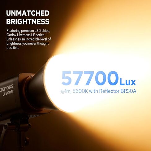 Godox Litemons LE200D Daylight LED Video Light, 220W LED Studio Bright, 63500 Lux@1m 0-100% Dimming, 7 FX Effects, App Control, Silent Fan, Bowens Mount Light (Black) in Kuwait