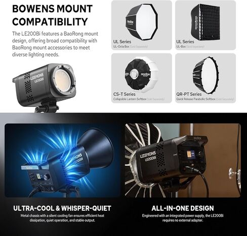Godox Litemons LE200D Daylight LED Video Light, 220W LED Studio Bright, 63500 Lux@1m 0-100% Dimming, 7 FX Effects, App Control, Silent Fan, Bowens Mount Light (Black) in Kuwait