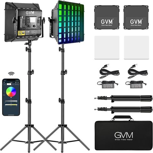 GVM Upgrade 800D RGB Video Light Kits with 2 Softboxes, Studio Lights with Bluetooth Control, 2 Packs Photography Lighting with 18 Lighting Scenes, led Panel Lights for Video Recording in Kuwait