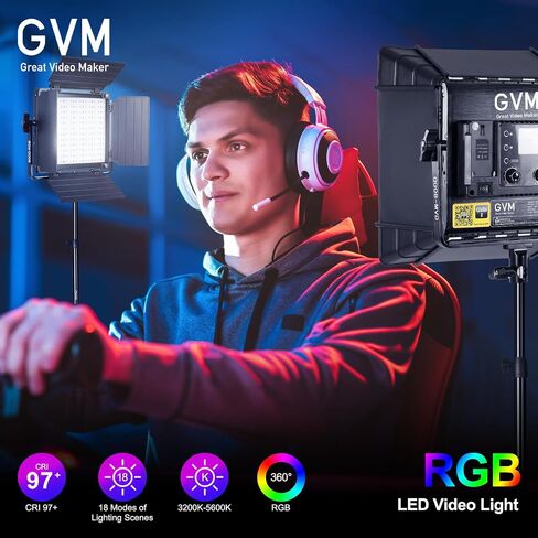 GVM Upgrade 800D RGB Video Light Kits with 2 Softboxes, Studio Lights with Bluetooth Control, 2 Packs Photography Lighting with 18 Lighting Scenes, led Panel Lights for Video Recording in Kuwait