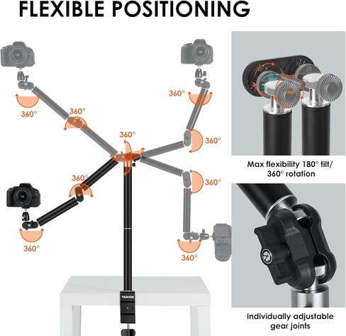 TARION Overhead Camera Desk Mount Articulated with Gear Joints TKA01-L | 6.6lbs Load, 3/8'' 1/4'' Screw, Flexible Detachable Ballhead, Supports Horizontal and Vertical Shooting, Live Streaming in Kuwait