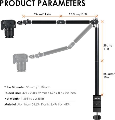 TARION Overhead Camera Desk Mount Articulated with Gear Joints TKA01-L | 6.6lbs Load, 3/8'' 1/4'' Screw, Flexible Detachable Ballhead, Supports Horizontal and Vertical Shooting, Live Streaming in Kuwait