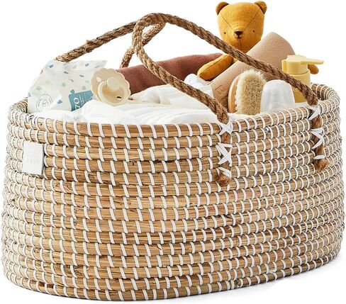 BEBE BASK Premium Baby Diaper Caddy Organizer - Handmade - Seagrass Basket With Cotton Divider - Award-Winning & Luxury Diaper Caddy Basket - White (NATURAL) in Kuwait