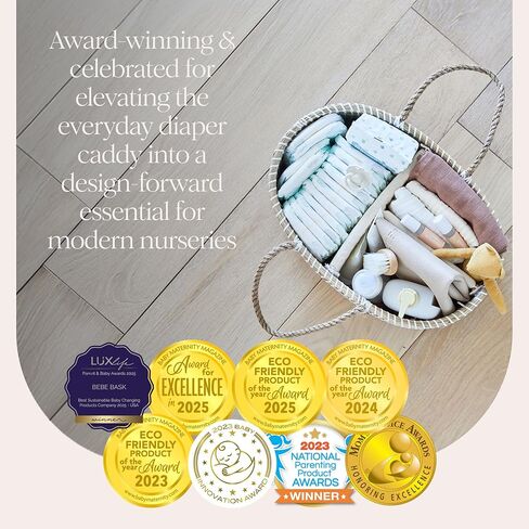 BEBE BASK Premium Baby Diaper Caddy Organizer - Handmade - Seagrass Basket With Cotton Divider - Award-Winning & Luxury Diaper Caddy Basket - White (NATURAL) in Kuwait