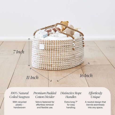 BEBE BASK Premium Baby Diaper Caddy Organizer - Handmade - Seagrass Basket With Cotton Divider - Award-Winning & Luxury Diaper Caddy Basket - White (NATURAL) in Kuwait