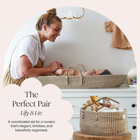 BEBE BASK Premium Baby Diaper Caddy Organizer - Handmade - Seagrass Basket With Cotton Divider - Award-Winning & Luxury Diaper Caddy Basket - White (NATURAL) in Kuwait