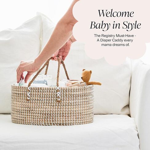 BEBE BASK Premium Baby Diaper Caddy Organizer - Handmade - Seagrass Basket With Cotton Divider - Award-Winning & Luxury Diaper Caddy Basket - White (NATURAL) in Kuwait