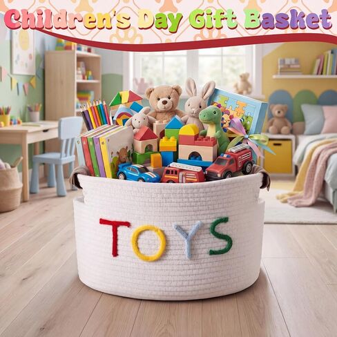 Yookeer Cute Woven Basket for Toys Stuffers, Large Cotton Rope Storage Basket with Handles for Living Room Nursery, Plush Animals, Building Blocks, Balls Organizer, 15 x 10 x 9 Inch in Kuwait