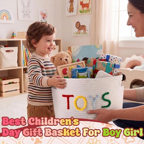 Yookeer Cute Woven Basket for Toys Stuffers, Large Cotton Rope Storage Basket with Handles for Living Room Nursery, Plush Animals, Building Blocks, Balls Organizer, 15 x 10 x 9 Inch in Kuwait