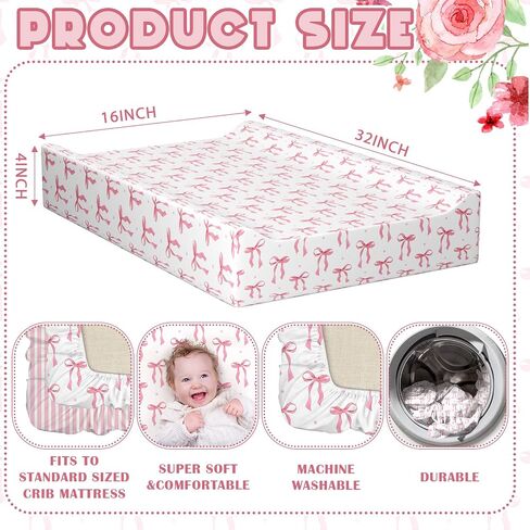 Peryiter 2 Pack Pink Baby Changing Pad Covers Crib Sheets for Girls Pink Bow Changing Pad Covers 32" x 16" Coquette Quilted Cotton Fitted Diaper Sheet Breathable Extra Thick Sheets for Girls in Kuwait
