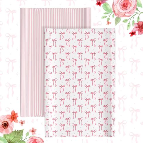 Peryiter 2 Pack Pink Baby Changing Pad Covers Crib Sheets for Girls Pink Bow Changing Pad Covers 32" x 16" Coquette Quilted Cotton Fitted Diaper Sheet Breathable Extra Thick Sheets for Girls in Kuwait