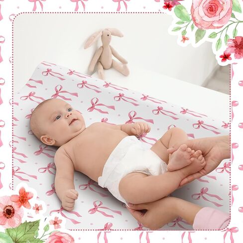 Peryiter 2 Pack Pink Baby Changing Pad Covers Crib Sheets for Girls Pink Bow Changing Pad Covers 32" x 16" Coquette Quilted Cotton Fitted Diaper Sheet Breathable Extra Thick Sheets for Girls in Kuwait