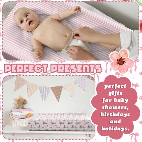 Peryiter 2 Pack Pink Baby Changing Pad Covers Crib Sheets for Girls Pink Bow Changing Pad Covers 32" x 16" Coquette Quilted Cotton Fitted Diaper Sheet Breathable Extra Thick Sheets for Girls in Kuwait