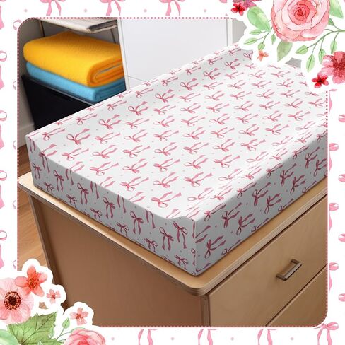 Peryiter 2 Pack Pink Baby Changing Pad Covers Crib Sheets for Girls Pink Bow Changing Pad Covers 32" x 16" Coquette Quilted Cotton Fitted Diaper Sheet Breathable Extra Thick Sheets for Girls in Kuwait
