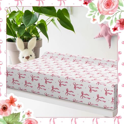 Peryiter 2 Pack Pink Baby Changing Pad Covers Crib Sheets for Girls Pink Bow Changing Pad Covers 32" x 16" Coquette Quilted Cotton Fitted Diaper Sheet Breathable Extra Thick Sheets for Girls in Kuwait