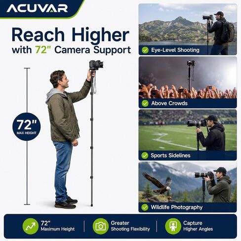 Acuvar Pro Series 72" Camera Monopod with Quick Release Plate, Lightweight 4-Section Aluminum Monopod for DSLR & Mirrorless Cameras, Canon, Nikon, Sony, Fujifilm, Panasonic, Olympus, Pentax in Kuwait
