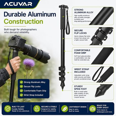 Acuvar Pro Series 72" Camera Monopod with Quick Release Plate, Lightweight 4-Section Aluminum Monopod for DSLR & Mirrorless Cameras, Canon, Nikon, Sony, Fujifilm, Panasonic, Olympus, Pentax in Kuwait