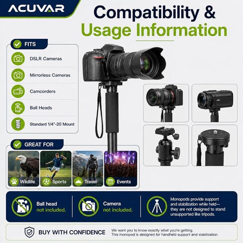 Acuvar Pro Series 72" Camera Monopod with Quick Release Plate, Lightweight 4-Section Aluminum Monopod for DSLR & Mirrorless Cameras, Canon, Nikon, Sony, Fujifilm, Panasonic, Olympus, Pentax in Kuwait