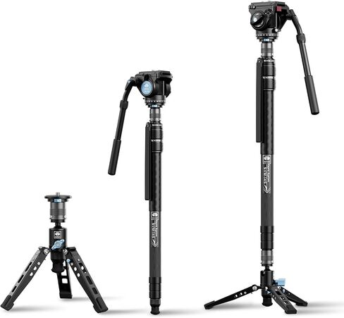 SIRUI SVM-165 Carbon Fiber Camera Monopod with Feet, 68.7" Professional Lightweight Travel Monopod with Fluid Video Head for DSLR Camera, One-Step Height Adjustment, Modular, Max Load 22lbs in Kuwait