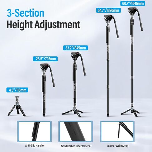 SIRUI SVM-165 Carbon Fiber Camera Monopod with Feet, 68.7" Professional Lightweight Travel Monopod with Fluid Video Head for DSLR Camera, One-Step Height Adjustment, Modular, Max Load 22lbs in Kuwait